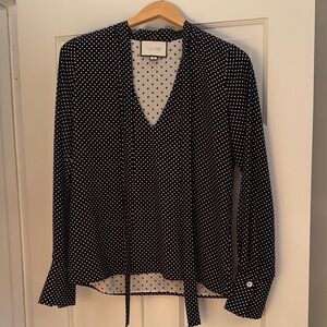 ALEXIS Navy and White Polka Dot V-Neck Blouse with Tie